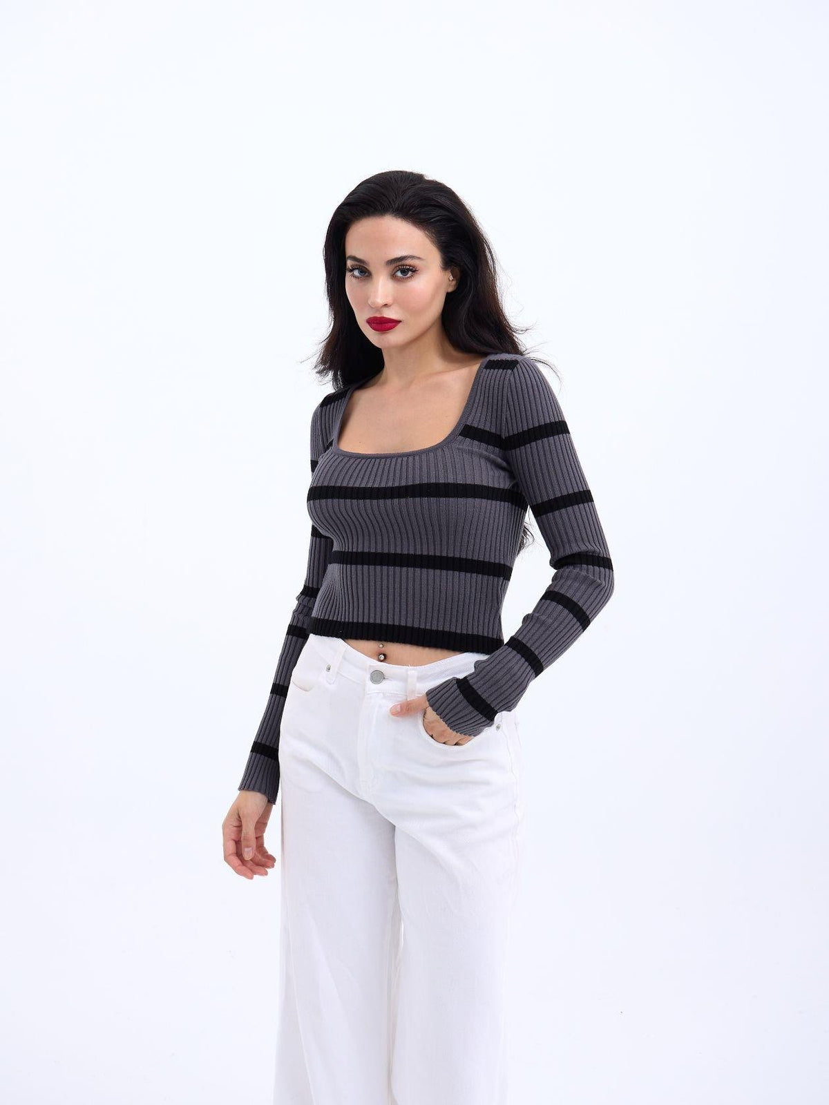 42221 TRİKO ÇİZGİLİ FİTİLLİ CROP-ANTRASİT-SİYAH