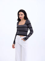 42221 TRİKO ÇİZGİLİ FİTİLLİ CROP-ANTRASİT-SİYAH