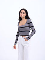 42221 STRICKWAREN GESTREIFTES CORD CROP-GRAU-SCHWARZ