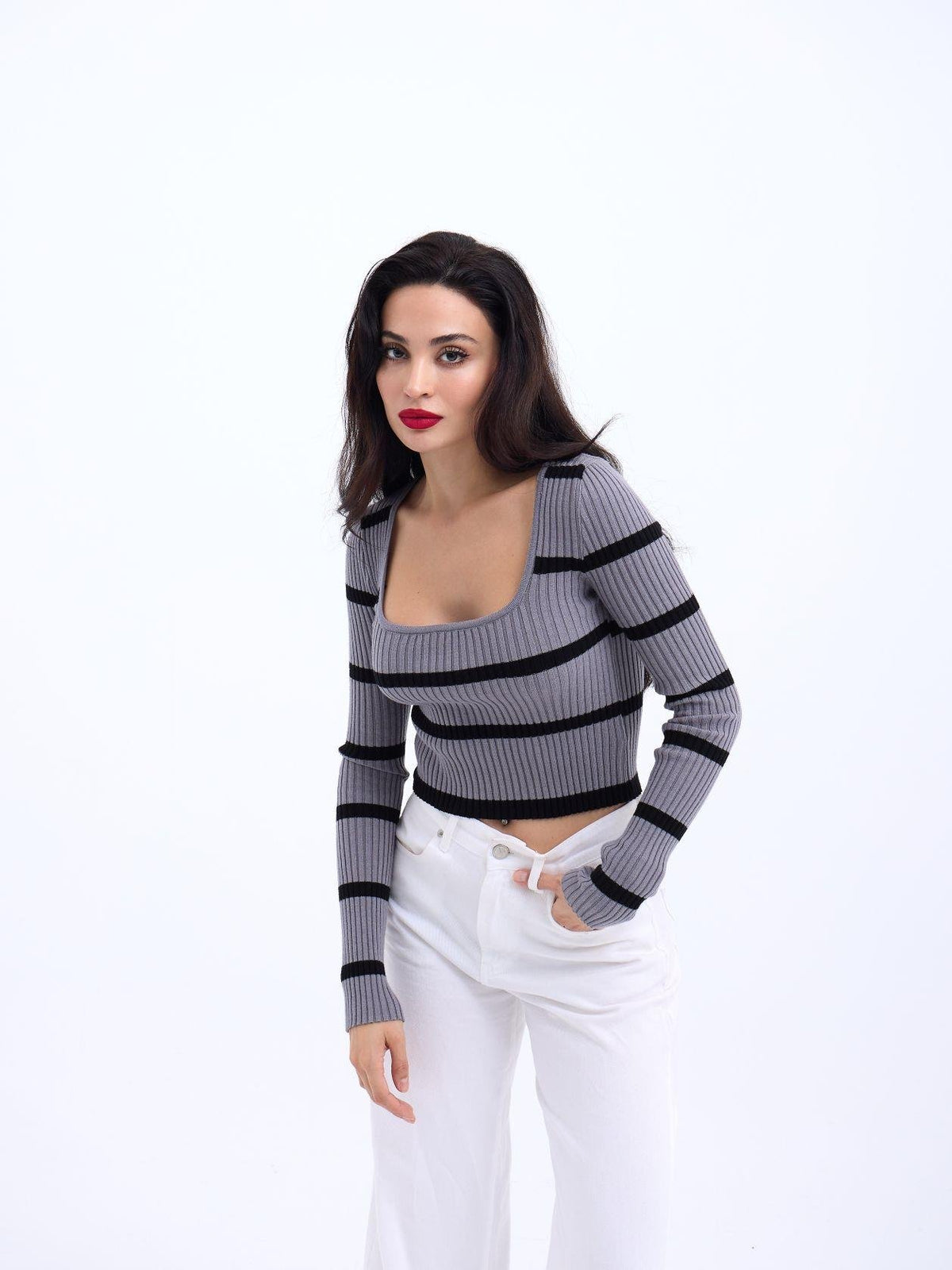 42221 STRICKWAREN GESTREIFTES CORD CROP-GRAU-SCHWARZ