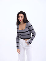 42221 STRICKWAREN GESTREIFTES CORD CROP-GRAU-SCHWARZ