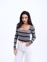 42221 STRICKWAREN GESTREIFTES CORD CROP-GRAU-SCHWARZ