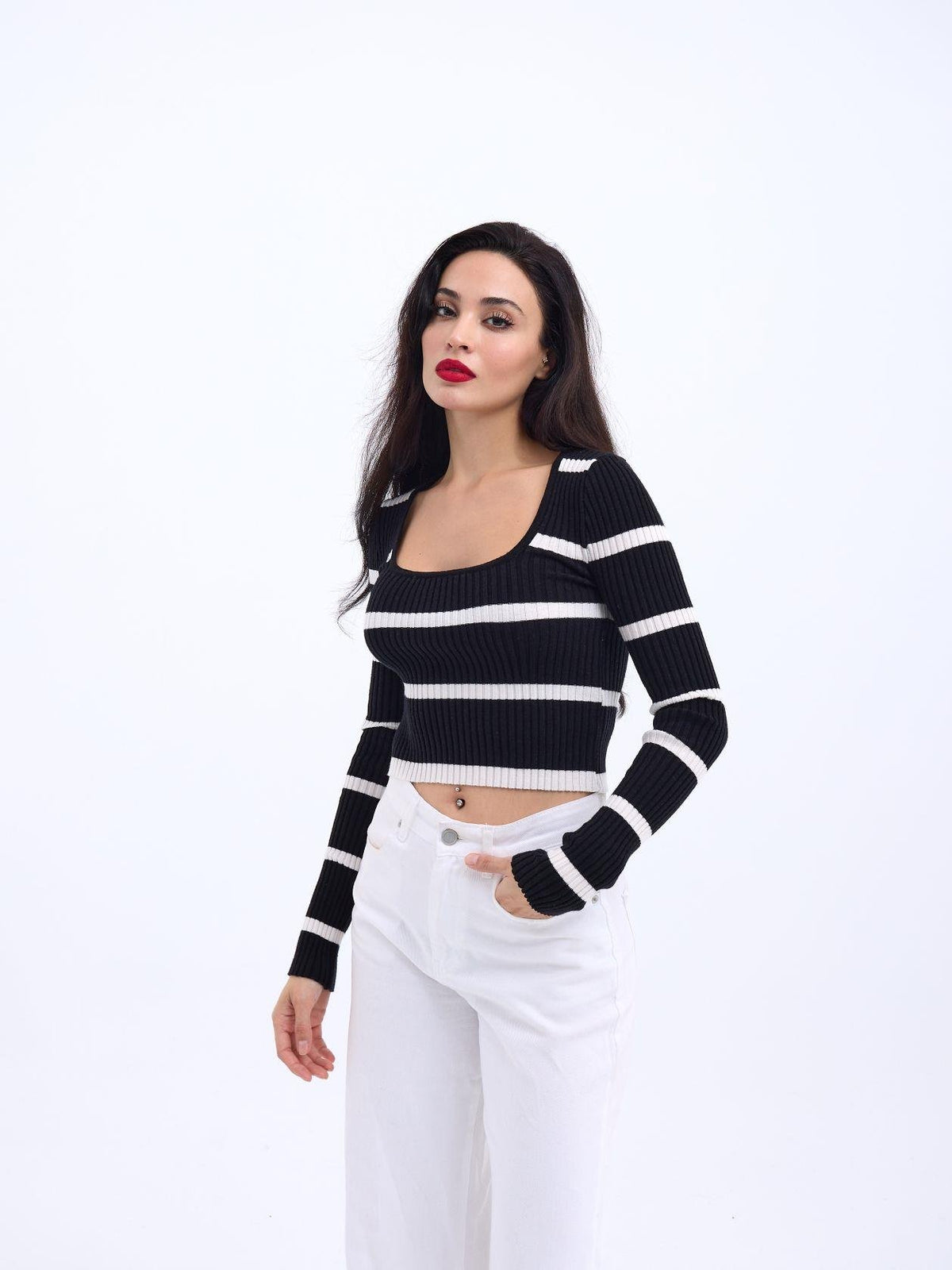 42221 TRİKO ÇİZGİLİ FİTİLLİ CROP-SİYAH-EKRU