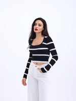 42221 TRİKO ÇİZGİLİ FİTİLLİ CROP-SİYAH-EKRU