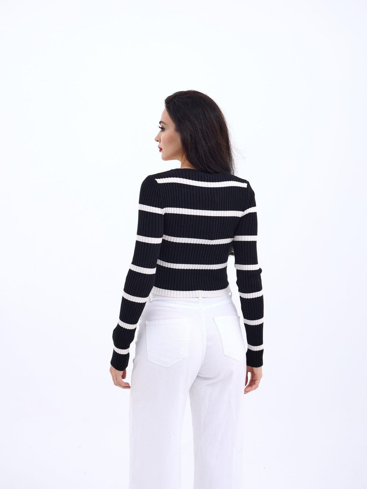 42221 STRICKWAREN GESTREIFTES CORD CROP-SCHWARZ-ECRU