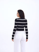 42221 TRİKO ÇİZGİLİ FİTİLLİ CROP-SİYAH-EKRU