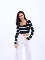 42221 STRICKWAREN GESTREIFTES CORD CROP-SCHWARZ-ECRU