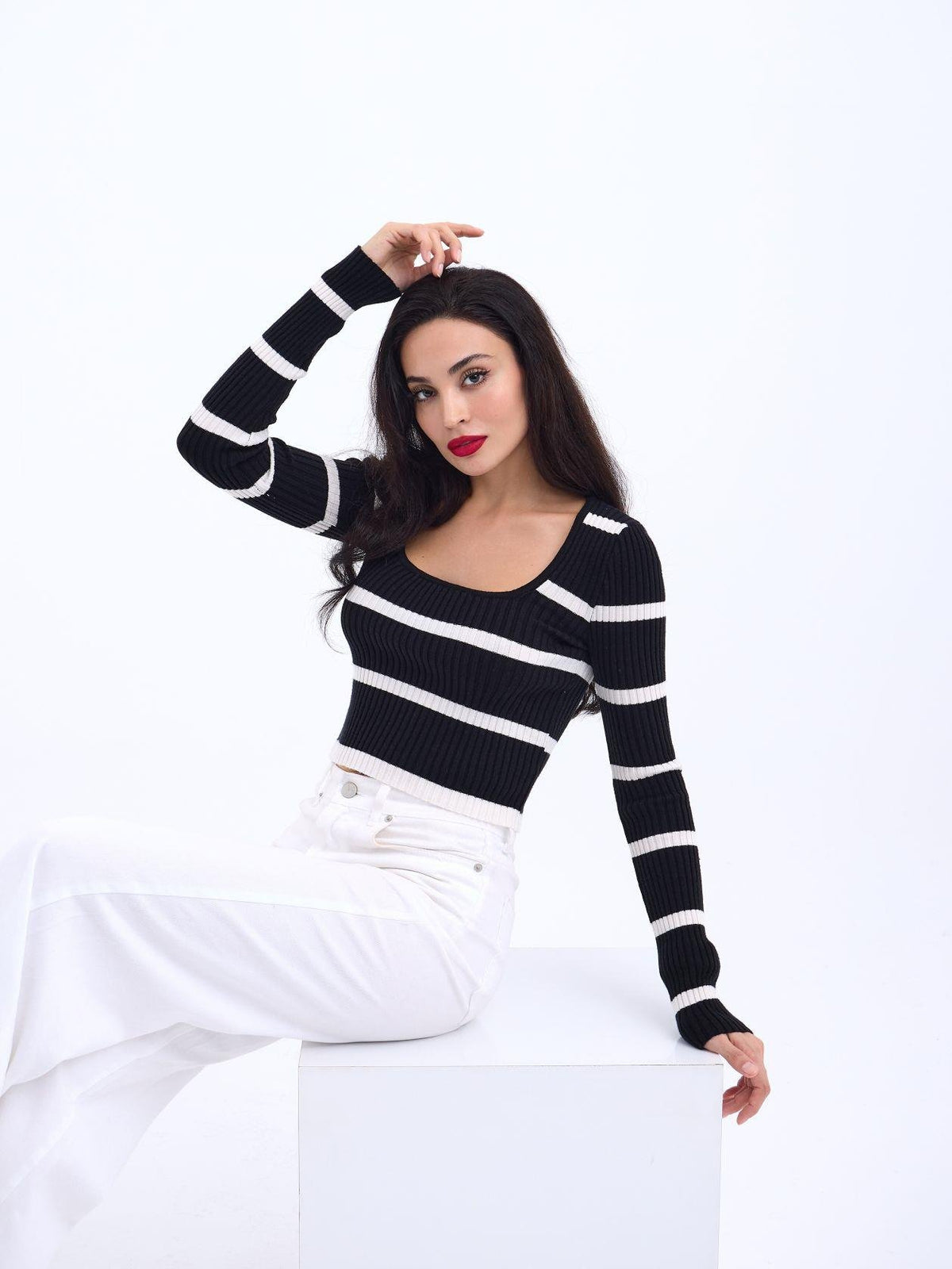 42221 TRİKO ÇİZGİLİ FİTİLLİ CROP-SİYAH-EKRU