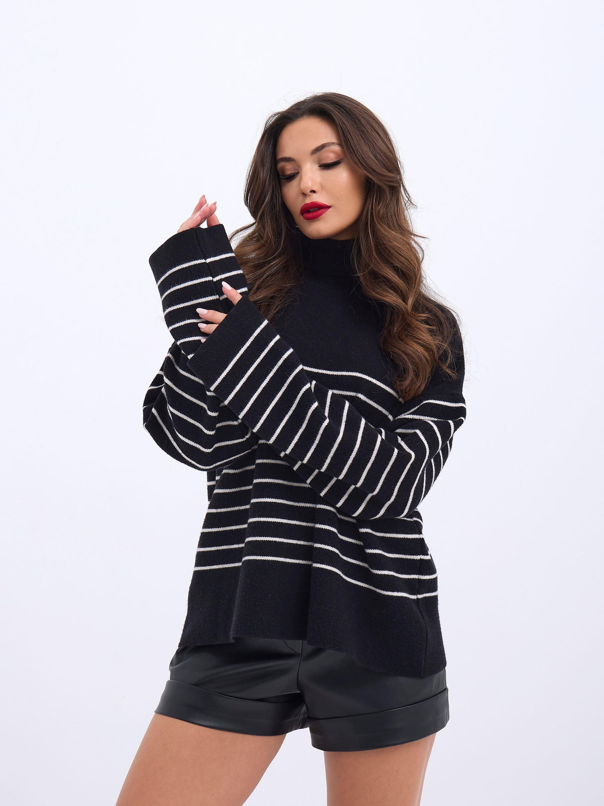 42361 TRİKO BALIKÇI YAKA ÇİZGİLİ SALAŞ-SİYAH-EKRU