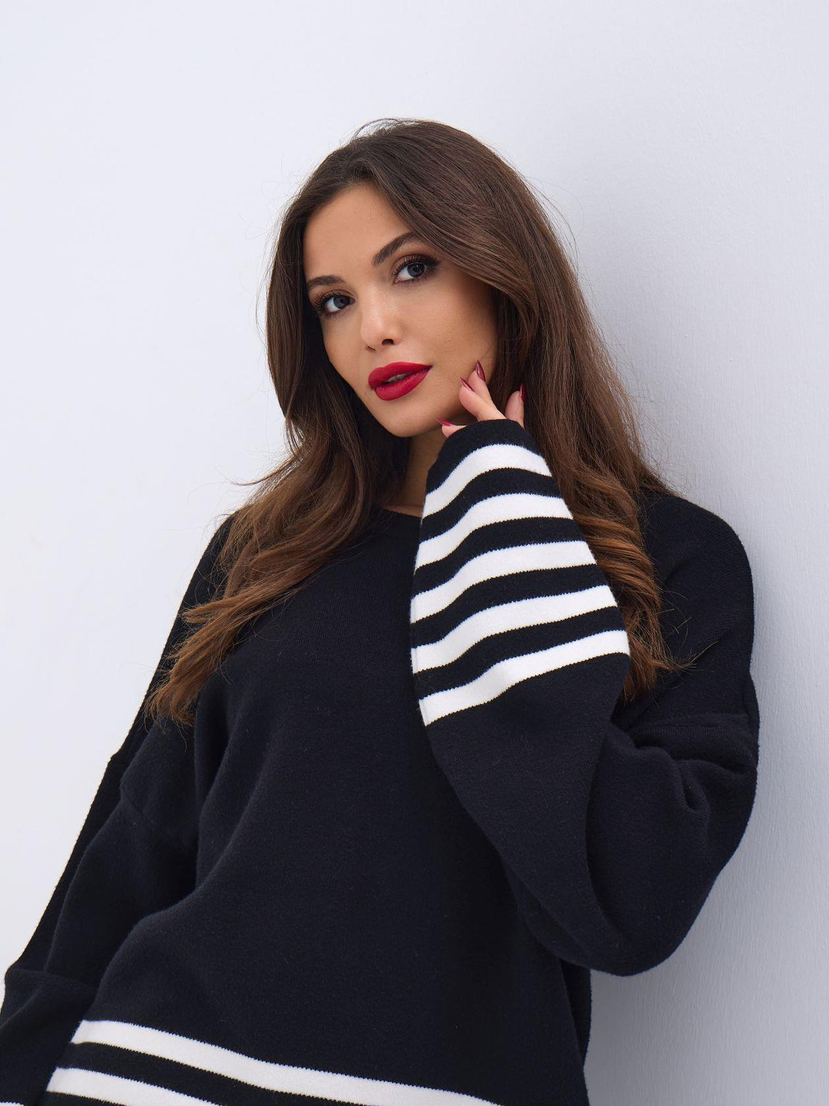 42381 TRİKO ÇİZGİLİ KAZAK-SİYAH-EKRU