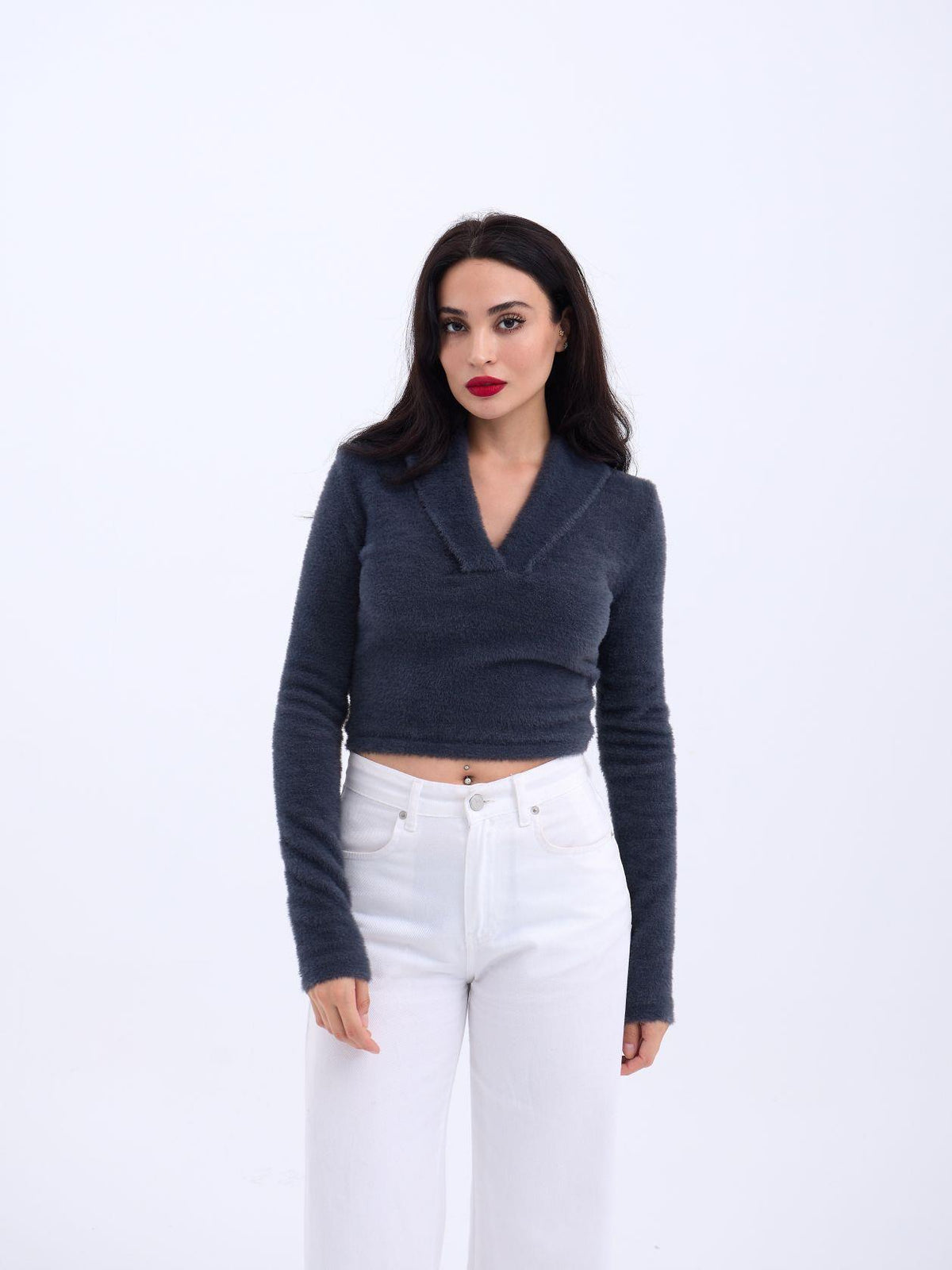 42531 STRICKWAREN SILBERNER KRAGEN CROP-ANTHRAZIT