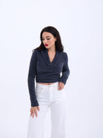 42531 STRICKWAREN SILBERNER KRAGEN CROP-ANTHRAZIT