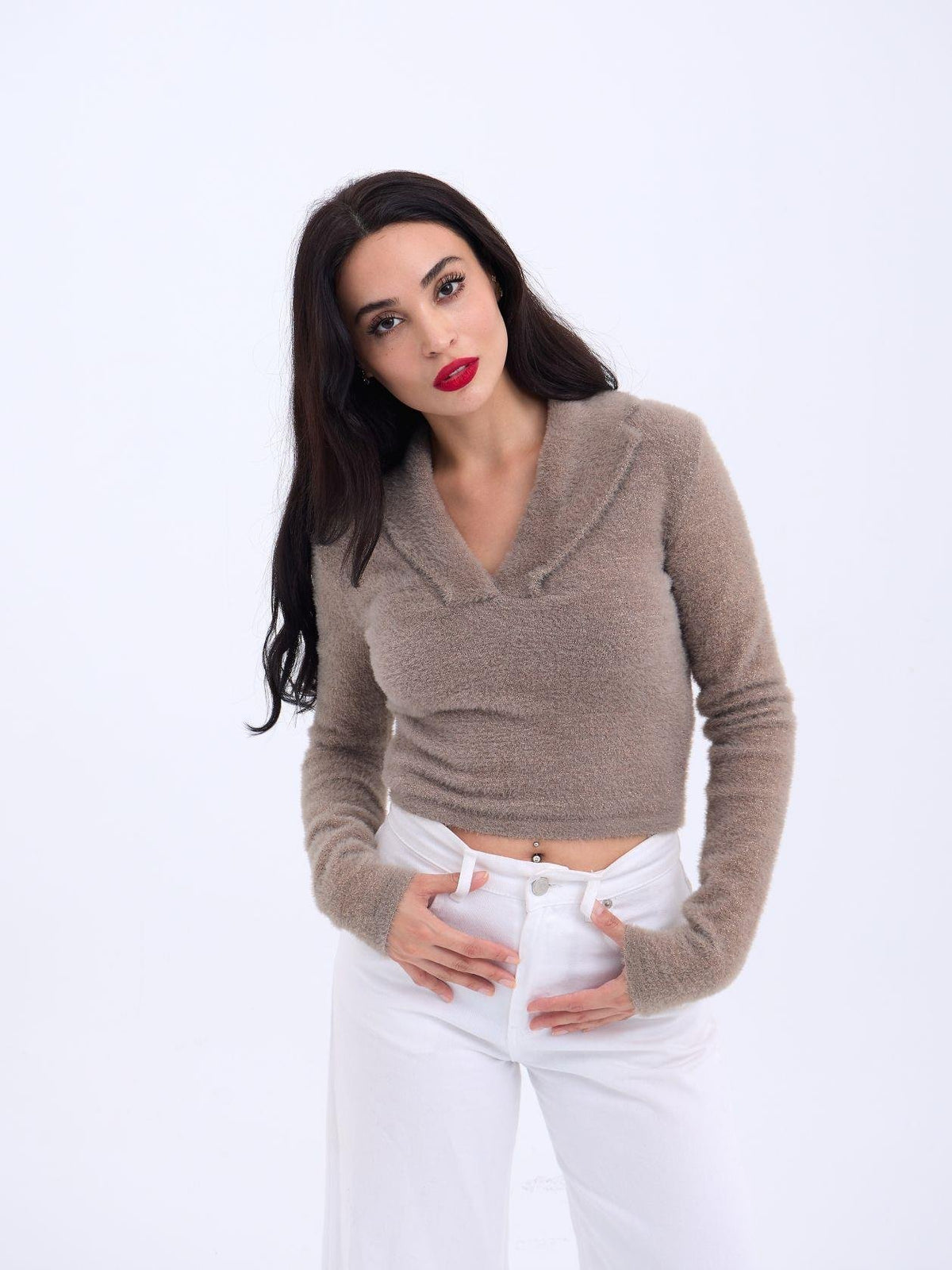 42531 STRICKWAREN GLITZER-KRAGEN CROP-BRAUN