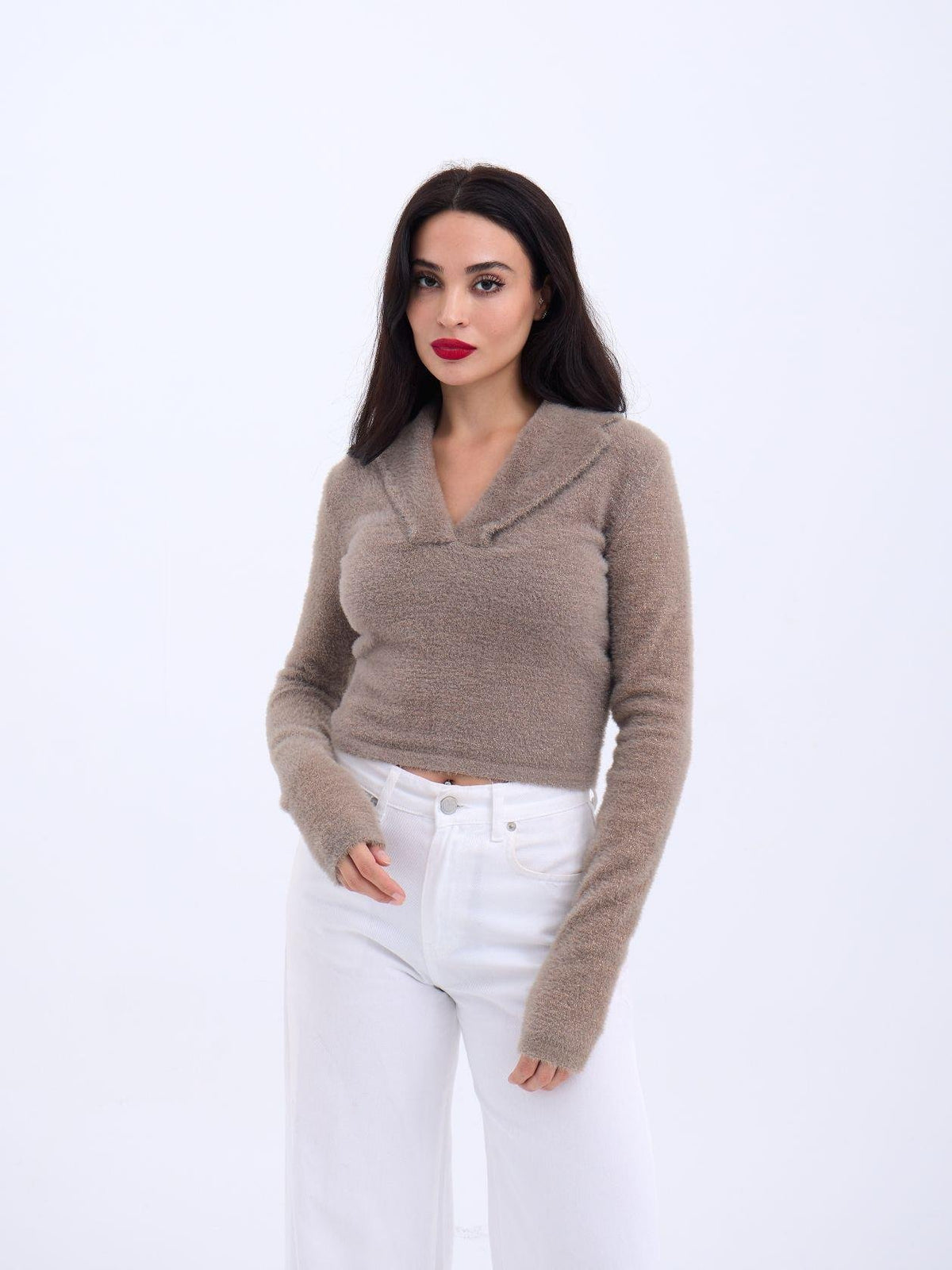 42531 STRICKWAREN GLITZER-KRAGEN CROP-BRAUN