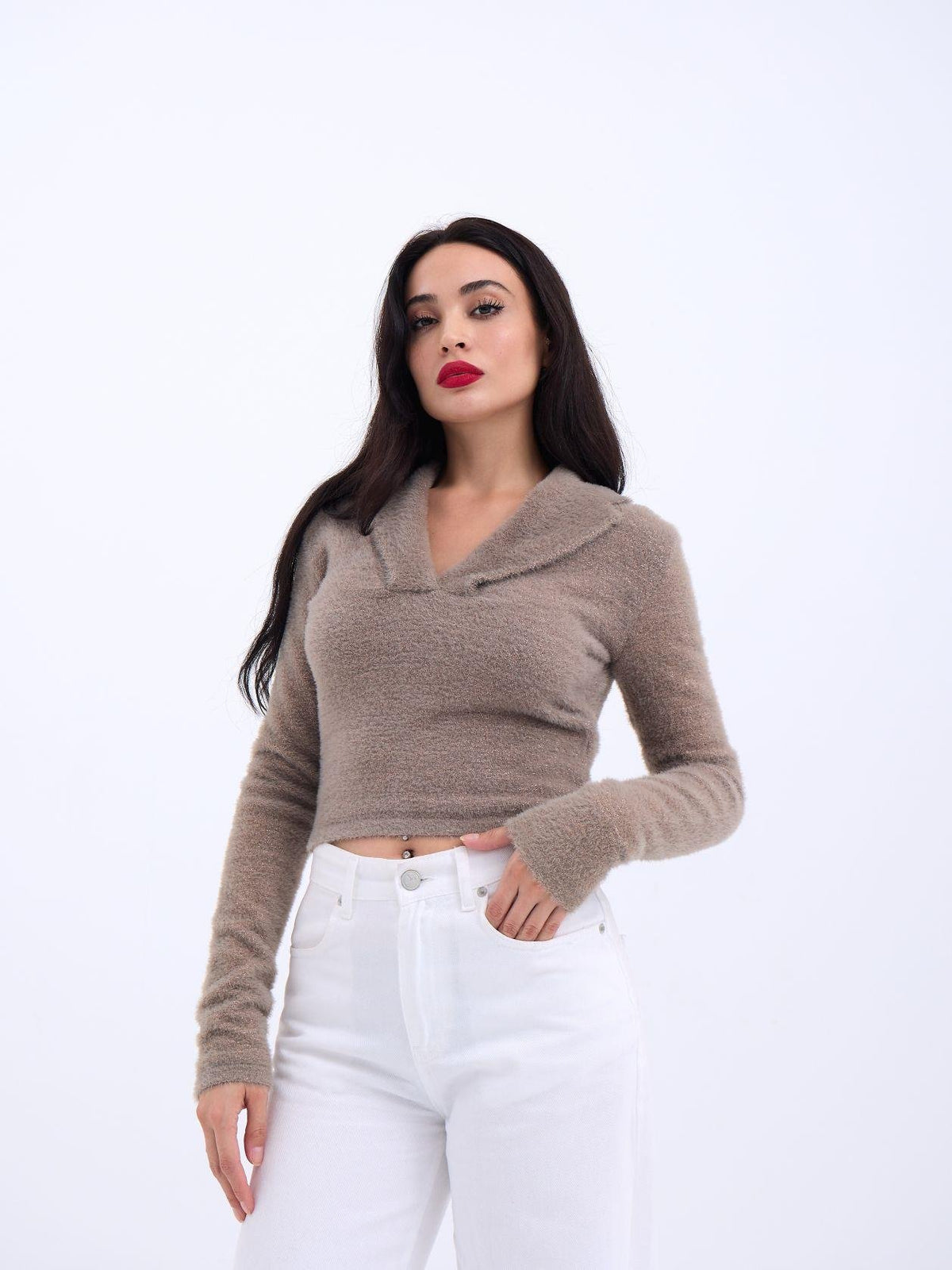 42531 STRICKWAREN GLITZER-KRAGEN CROP-BRAUN