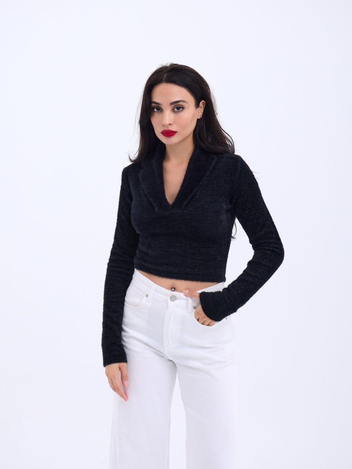 42531 STRICKWAREN GLITZER-KRAGEN CROP-SCHWARZ