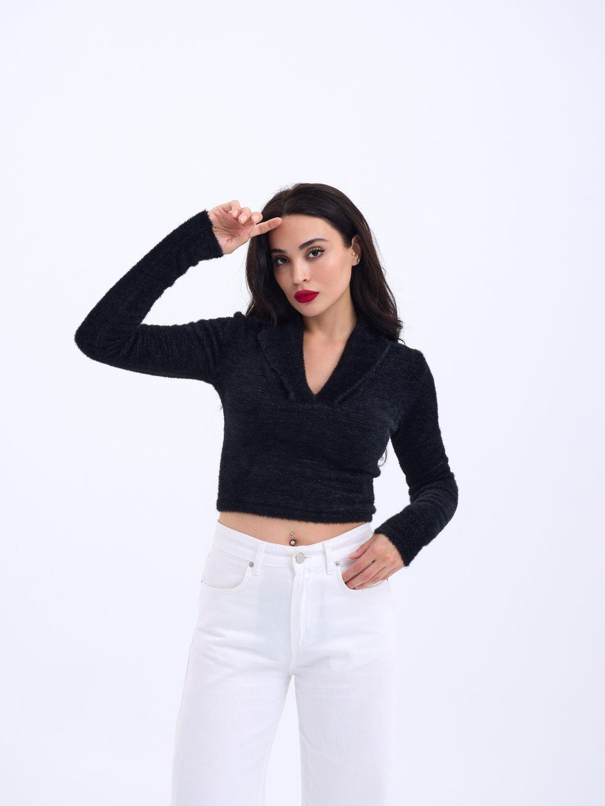 42531 STRICKWAREN GLITZER-KRAGEN CROP-SCHWARZ
