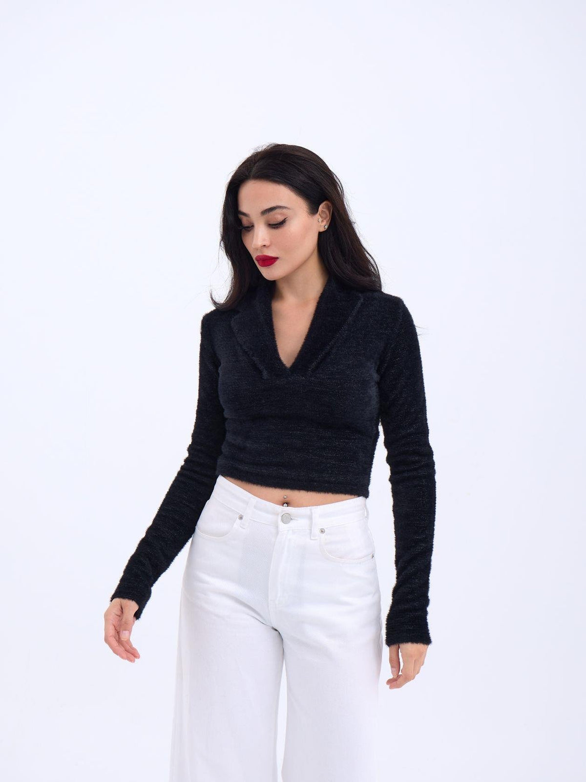42531 STRICKWAREN GLITZER-KRAGEN CROP-SCHWARZ