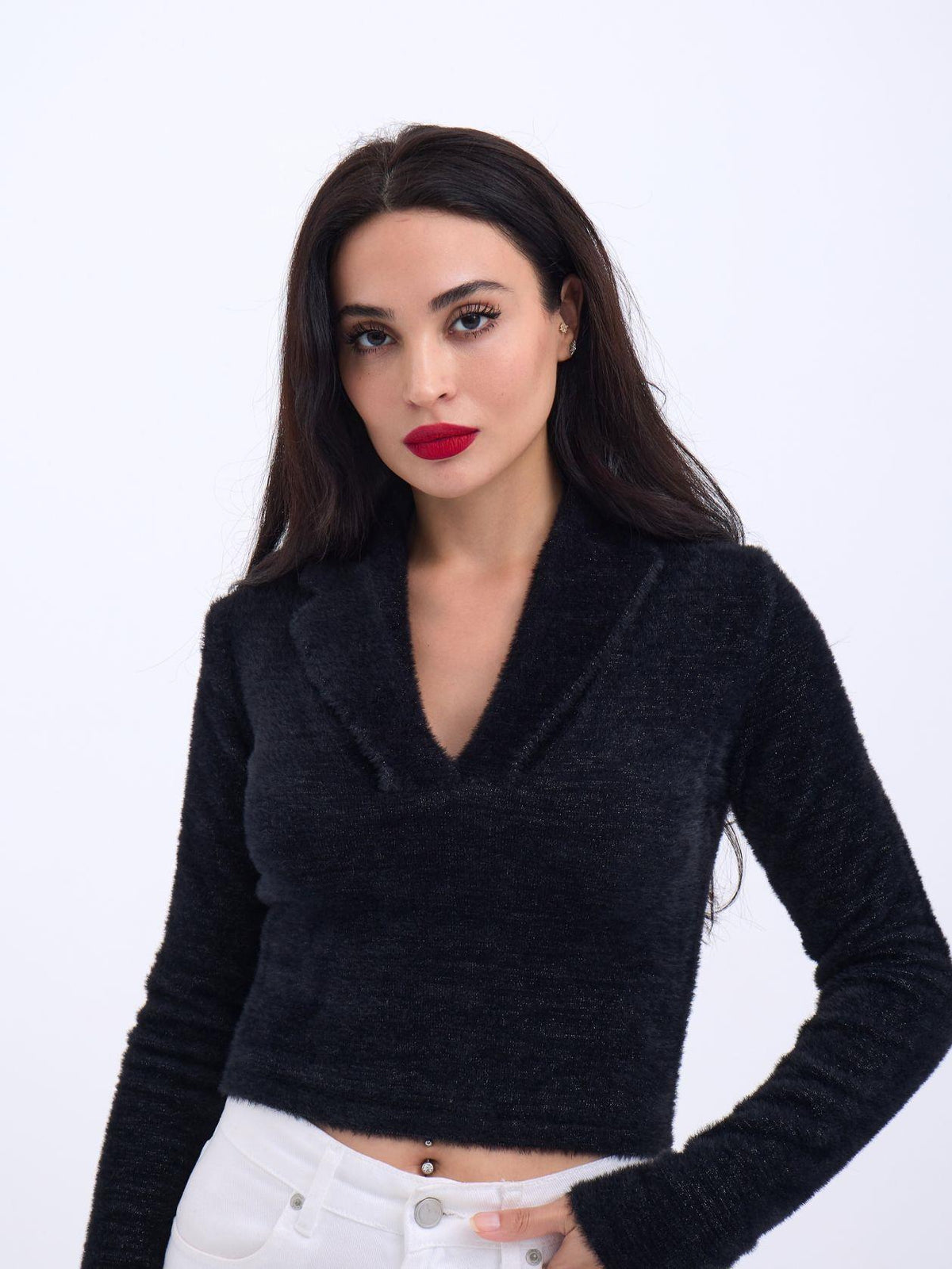 42531 STRICKWAREN GLITZER-KRAGEN CROP-SCHWARZ