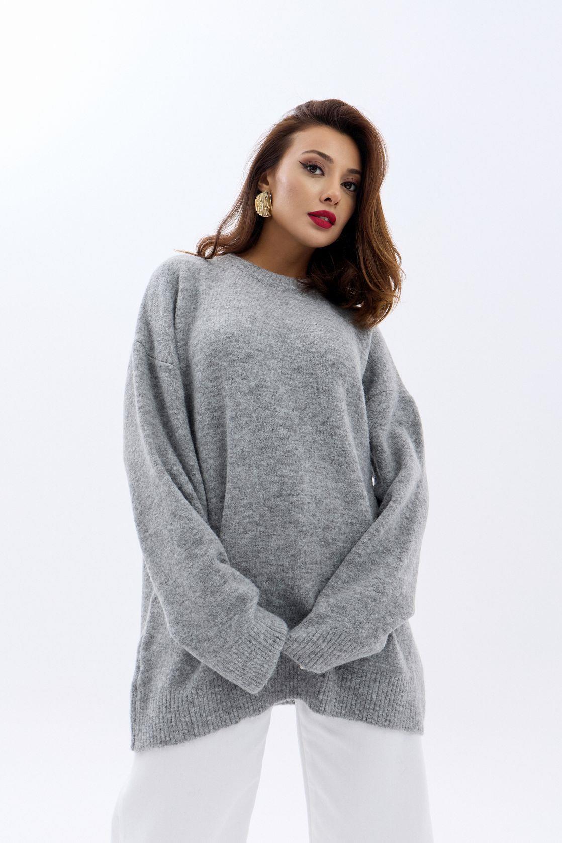 43071 STRICKWAREN RUNDHALSKRAGEN LOCKERER PULLOVER-GRAU