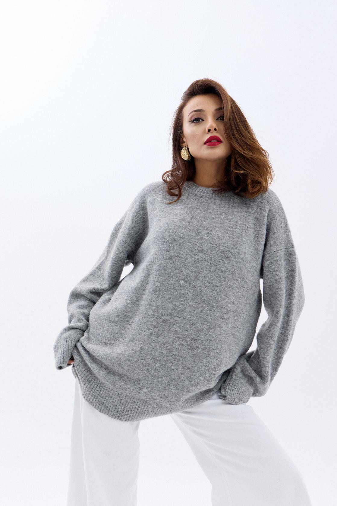 43071 STRICKWAREN RUNDHALSKRAGEN LOCKERER PULLOVER-GRAU