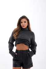 43241 STRICKWAREN GESTREIFTES FISHBEARER CROP-ANTHRAZIT-SCHWARZ