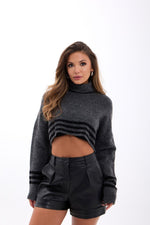 43241 STRICKWAREN GESTREIFTES FISHBEARER CROP-ANTHRAZIT-SCHWARZ
