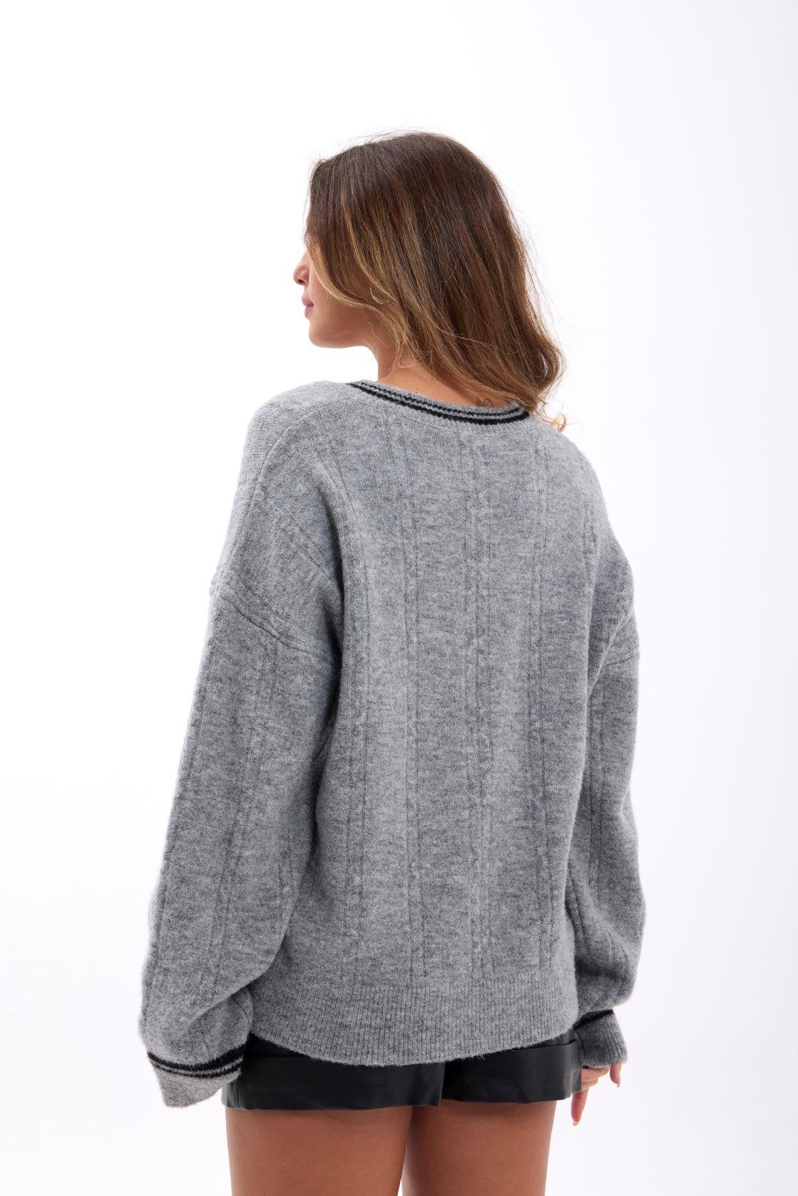 43291 STRICKWAREN V-AUSSCHNITT GESTREIFT PULLOVER-GRAU-SCHWARZ