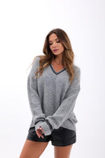 43291 STRICKWAREN V-AUSSCHNITT GESTREIFT PULLOVER-GRAU-SCHWARZ