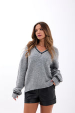 43291 STRICKWAREN V-AUSSCHNITT GESTREIFT PULLOVER-GRAU-SCHWARZ