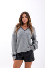 43291 STRICKWAREN V-AUSSCHNITT GESTREIFT PULLOVER-GRAU-SCHWARZ