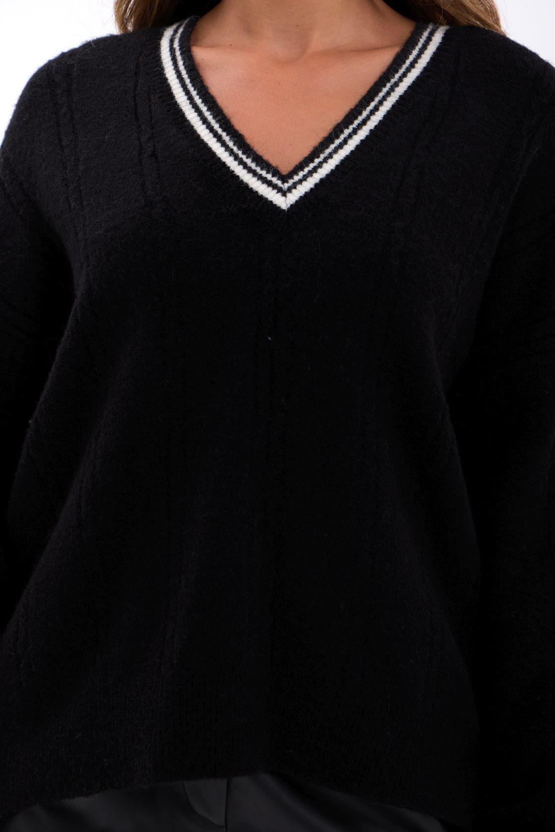 43291 STRICKWAREN V-AUSSCHNITT GESTREIFT PULLOVER-SCHWARZ-ECRU