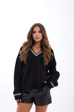 43291 STRICKWAREN V-AUSSCHNITT GESTREIFT PULLOVER-SCHWARZ-ECRU