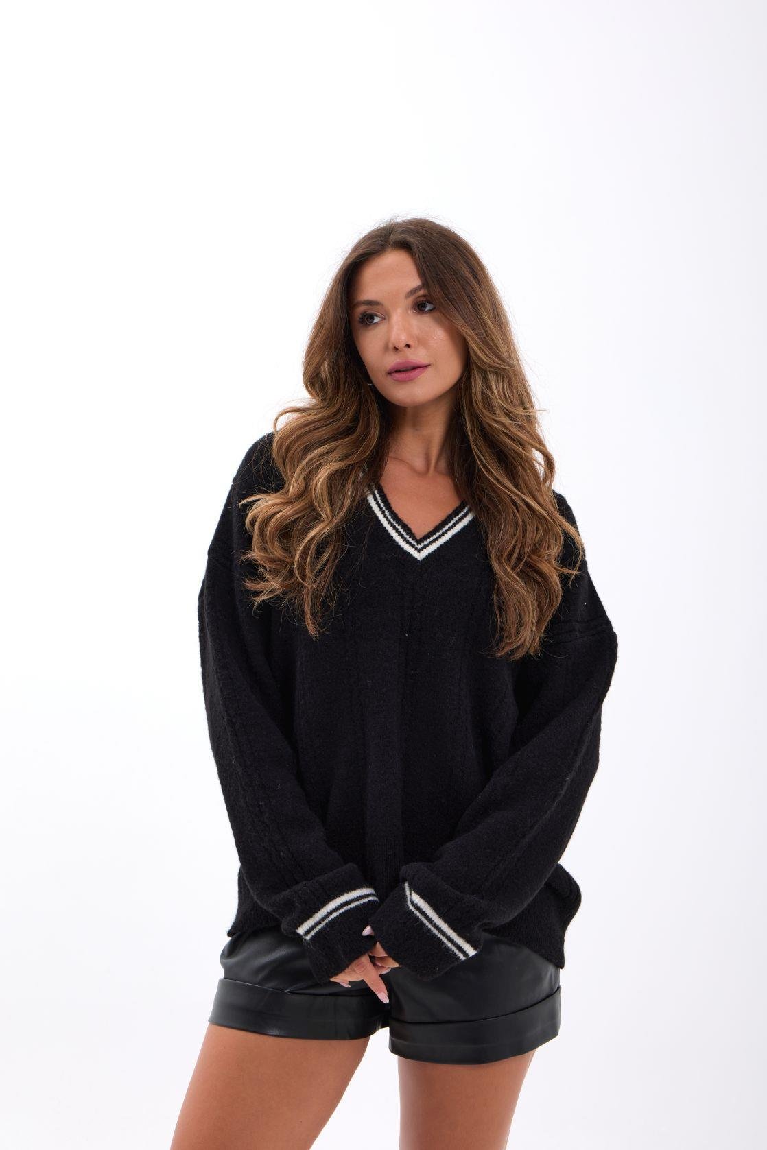 43291 STRICKWAREN V-AUSSCHNITT GESTREIFT PULLOVER-SCHWARZ-ECRU