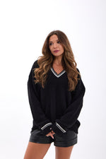 43291 STRICKWAREN V-AUSSCHNITT GESTREIFT PULLOVER-SCHWARZ-ECRU