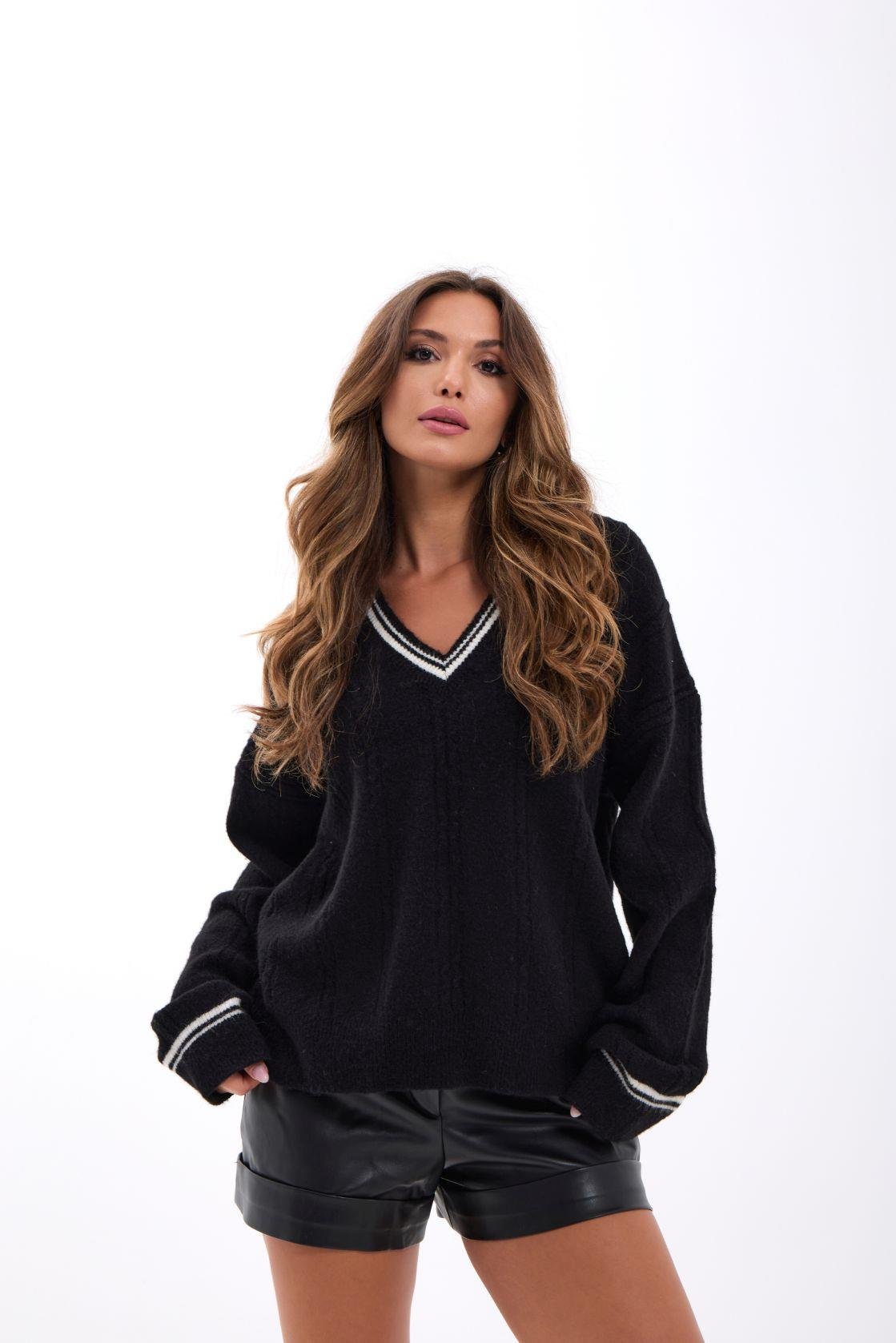 43291 STRICKWAREN V-AUSSCHNITT GESTREIFT PULLOVER-SCHWARZ-ECRU