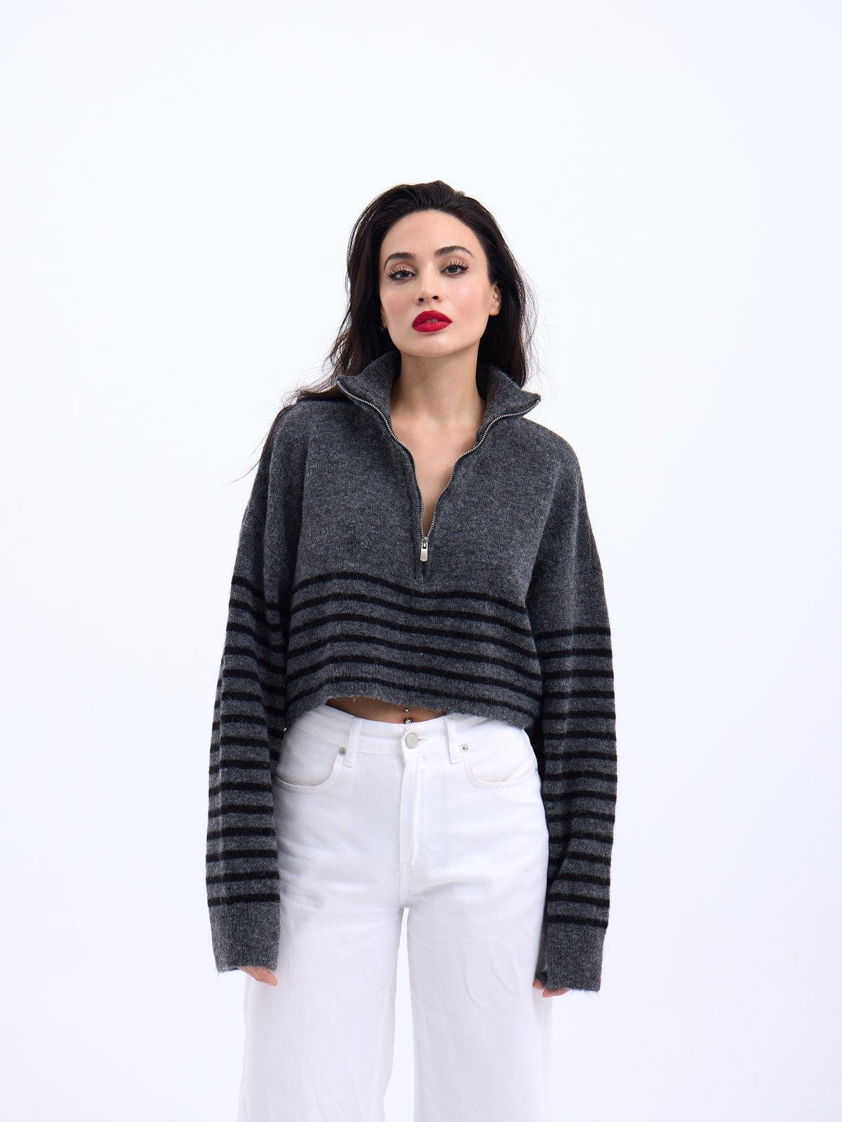 43311 STRICKWAREN GESTREIFTES CROP MIT REISSVERSCHLUSS-ANTHRAZIT-SCHWARZ
