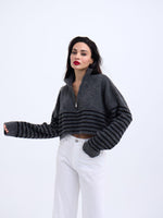 43311 STRICKWAREN GESTREIFTES CROP MIT REISSVERSCHLUSS-ANTHRAZIT-SCHWARZ