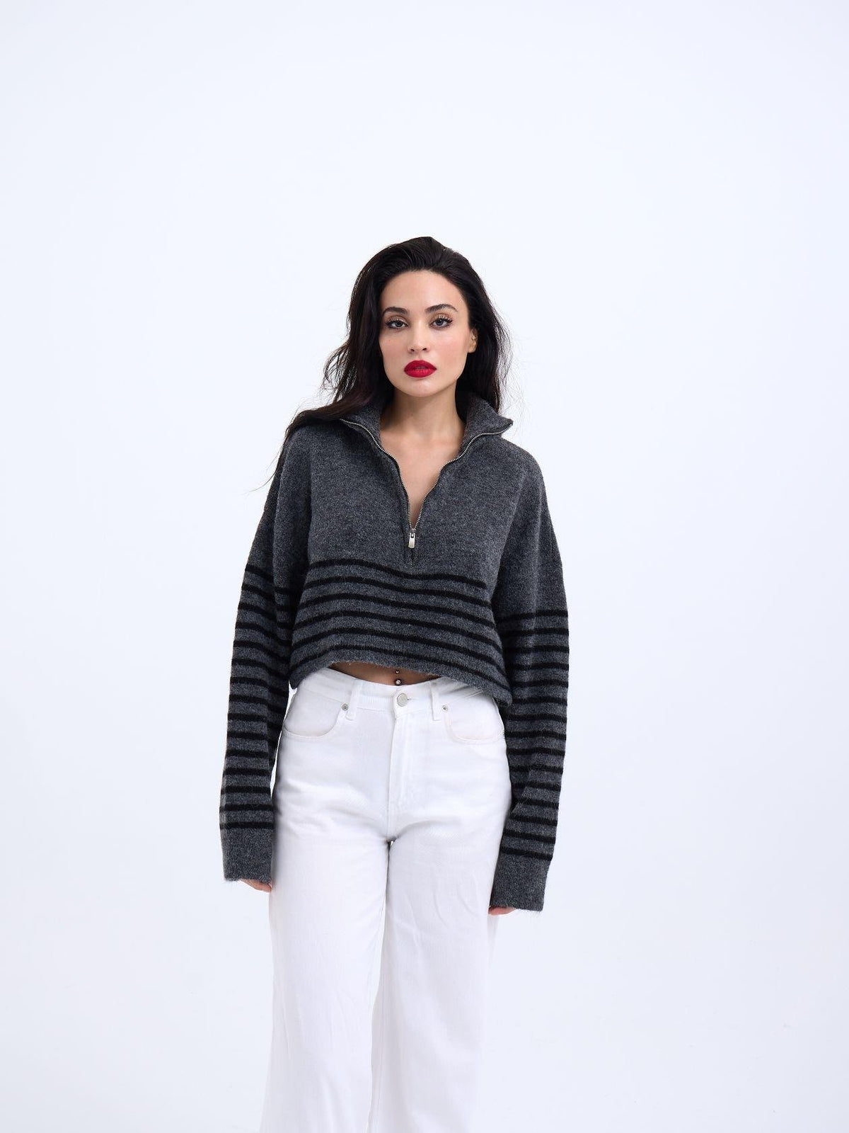 43311 TRİKO ÇİZGİLİ FERMUARLI CROP-ANTRASİT-SİYAH