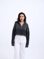 43311 TRİKO ÇİZGİLİ FERMUARLI CROP-ANTRASİT-SİYAH