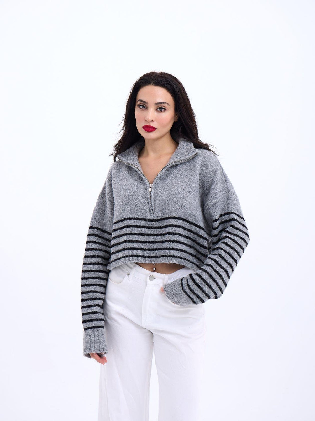 43311 TRİKO ÇİZGİLİ FERMUARLI CROP-GRİ-SİYAH