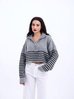 43311 TRİKO ÇİZGİLİ FERMUARLI CROP-GRİ-SİYAH