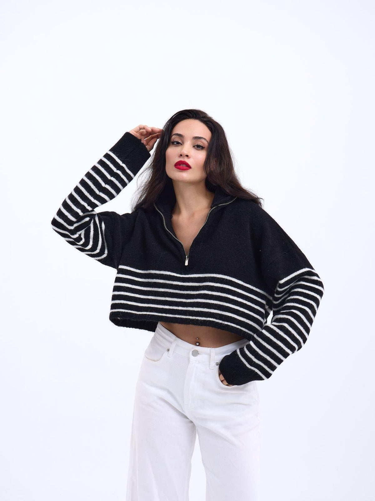 43311 TRİKO ÇİZGİLİ FERMUARLI CROP-SİYAH-EKRU