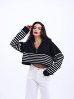 43311 TRİKO ÇİZGİLİ FERMUARLI CROP-SİYAH-EKRU