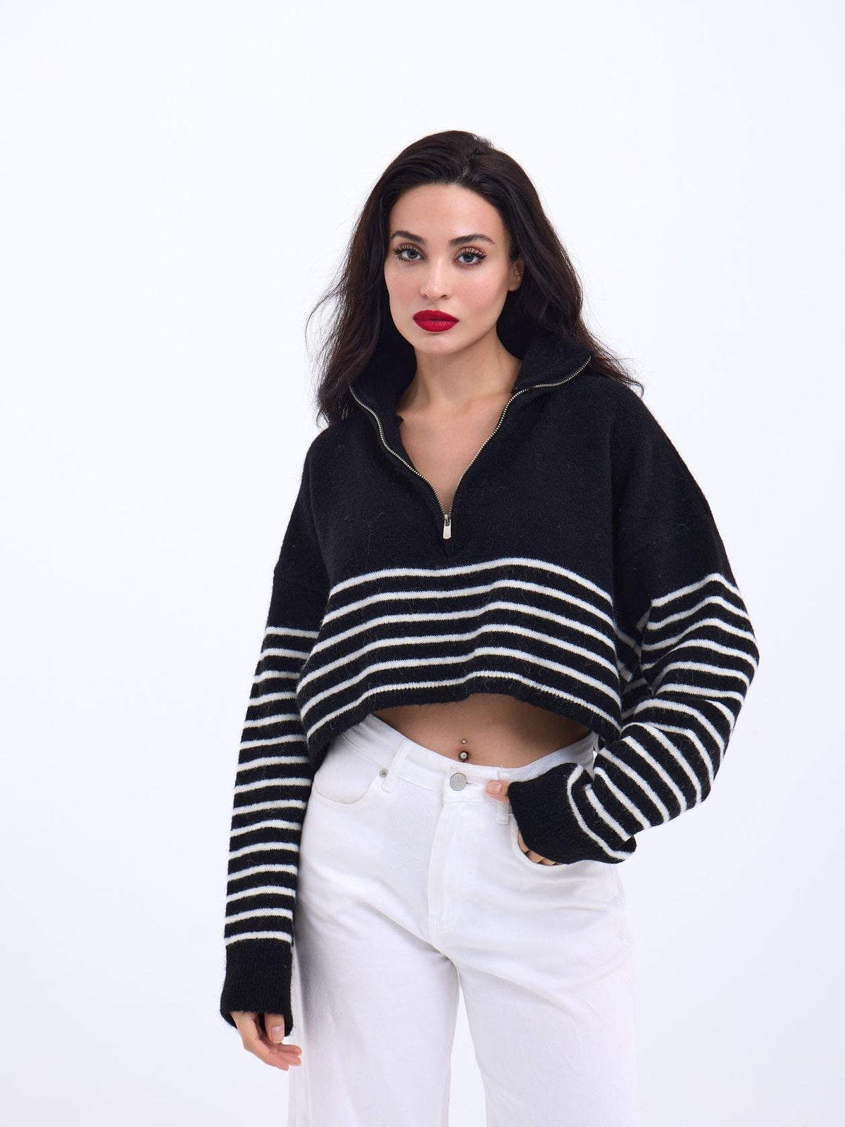 43311 TRİKO ÇİZGİLİ FERMUARLI CROP-SİYAH-EKRU