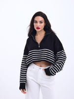 43311 STRICKWAREN GESTREIFTES CROP MIT REISSVERSCHLUSS-SCHWARZ-ECRU