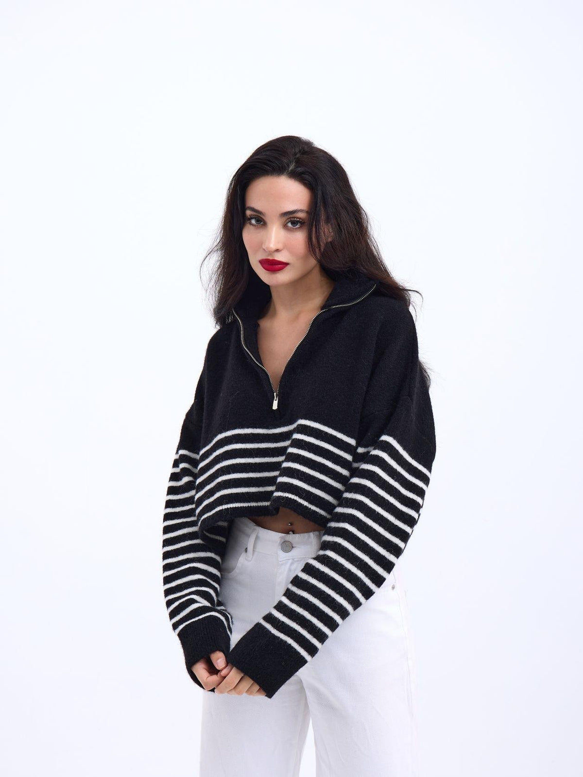 43311 TRİKO ÇİZGİLİ FERMUARLI CROP-SİYAH-EKRU