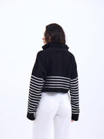 43311 TRİKO ÇİZGİLİ FERMUARLI CROP-SİYAH-EKRU