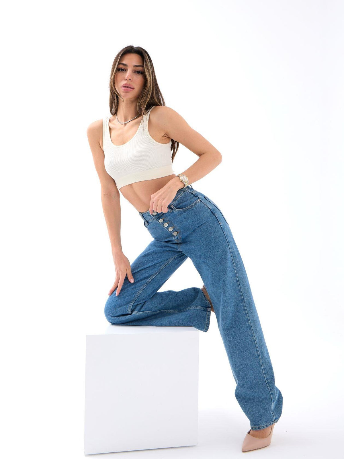 5171 DENIM BUTTONED WIDE KEG-BLAU