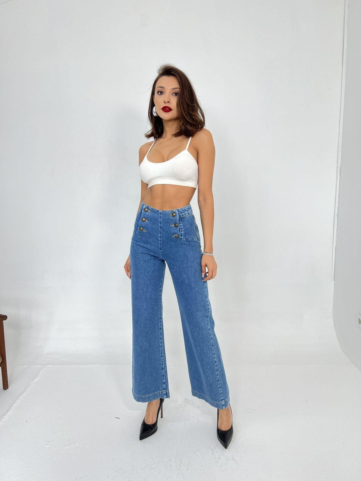 6163 Jeansknopf Palazzo-Blau